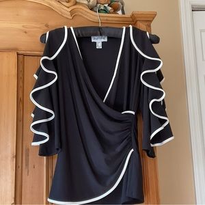 JOSEPH RIBKOFF CROSSOVER TOP w/ ruffle detail on sleeves